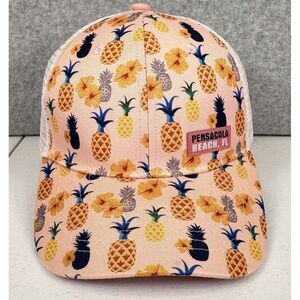 Pensacola Beach Florida Cap Hat Pineapple Peach & White Mesh Snapback Adjustable